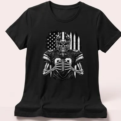 Distressed black and white print of a skeleton football player with the number 00 — printed on a women's shirt