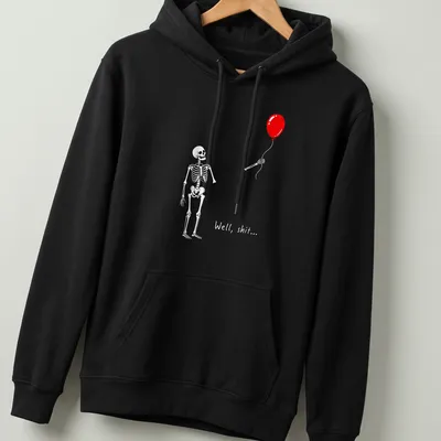 A cartoon skeleton holds a red balloon with the phrase 'Well, shit...' — printed on a unisex hoodie