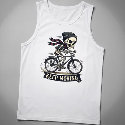 Cartoon skeleton riding a bicycle with a scarf and beanie, featuring playful colors. — printed on a tank top