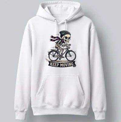 Cartoon skeleton riding a bicycle with a scarf and beanie, featuring playful colors. — printed on a unisex hoodie