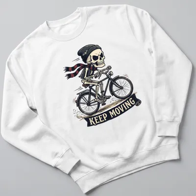 Cartoon skeleton riding a bicycle with a scarf and beanie, featuring playful colors. — printed on a unisex sweatshirt