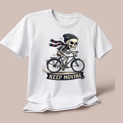 Cartoon skeleton riding a bicycle with a scarf and beanie, featuring playful colors. — printed on a unisex t-shirt (angled view)