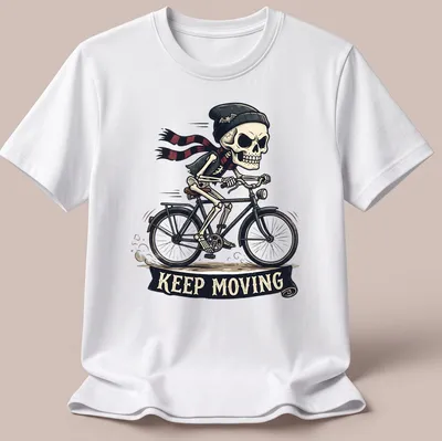 Cartoon skeleton riding a bicycle with a scarf and beanie, featuring playful colors.