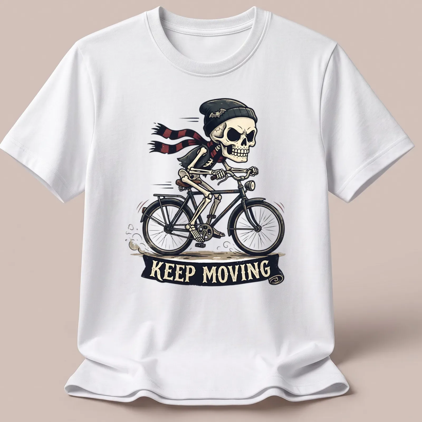 Cartoon skeleton riding a bicycle with a scarf and beanie, featuring playful colors. — printed on a unisex t-shirt