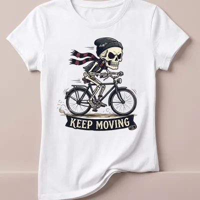 Cartoon skeleton riding a bicycle with a scarf and beanie, featuring playful colors. — printed on a women's shirt