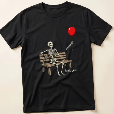 Cartoon skeleton on a bench holding a red balloon with humorous text saying 'Well, shit...'