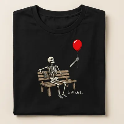 Cartoon skeleton on a bench holding a red balloon with humorous text saying 'Well, shit...' — printed on a women's shirt