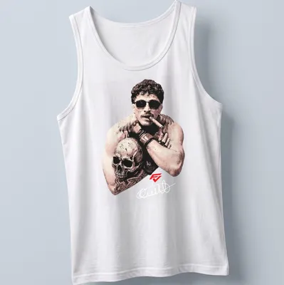 Vintage illustration of a muscular man with a skull, featuring the text 'Quillan Salkilld The Smoker' — printed on a tank top