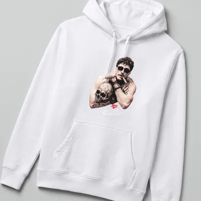 Vintage illustration of a muscular man with a skull, featuring the text 'Quillan Salkilld The Smoker' — printed on a unisex hoodie