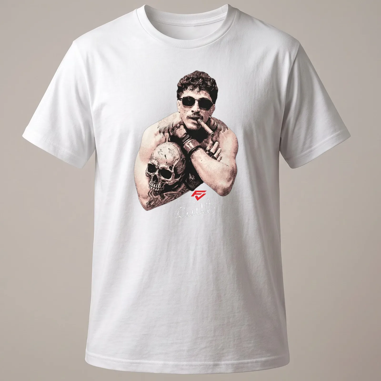 Vintage illustration of a muscular man with a skull, featuring the text 'Quillan Salkilld The Smoker' — printed on a unisex t-shirt