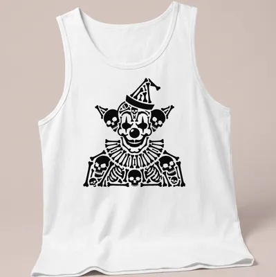Bold black and white Skull Clown illustration surrounded by skeletal figures — printed on a tank top
