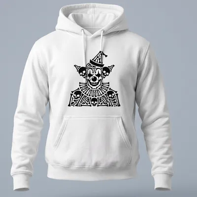 Bold black and white Skull Clown illustration surrounded by skeletal figures — printed on a unisex hoodie