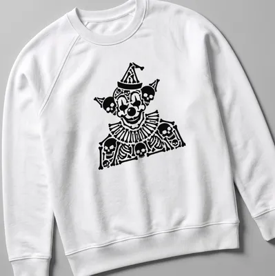 Bold black and white Skull Clown illustration surrounded by skeletal figures — printed on a unisex sweatshirt
