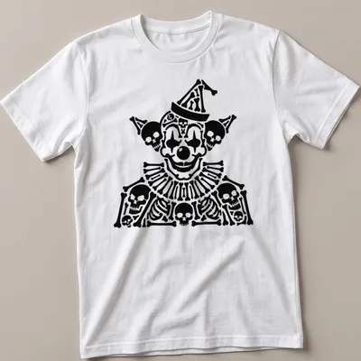 Bold black and white Skull Clown illustration surrounded by skeletal figures