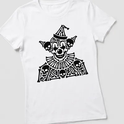 Bold black and white Skull Clown illustration surrounded by skeletal figures — printed on a women's shirt