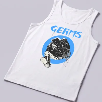 Bold graphic of a skull punk rocker with the word Germs in blue and white — printed on a tank top