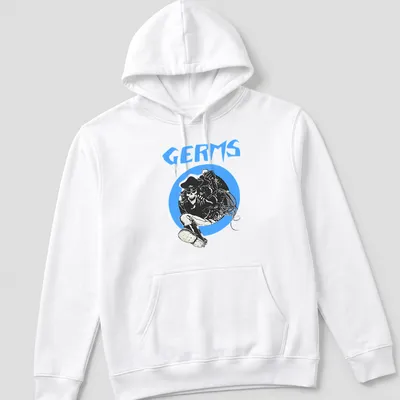 Bold graphic of a skull punk rocker with the word Germs in blue and white — printed on a unisex hoodie