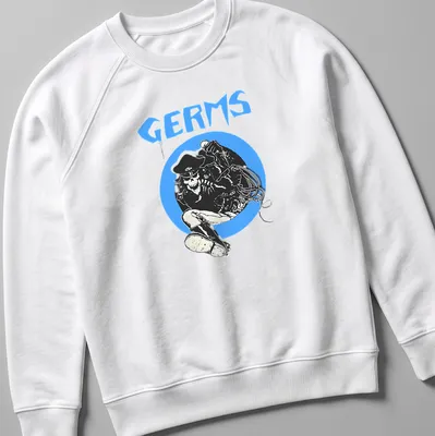 Bold graphic of a skull punk rocker with the word Germs in blue and white — printed on a unisex sweatshirt