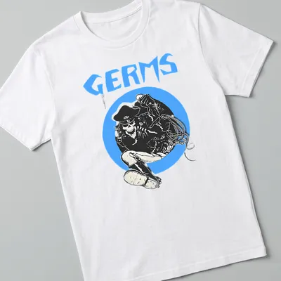 Bold graphic of a skull punk rocker with the word Germs in blue and white