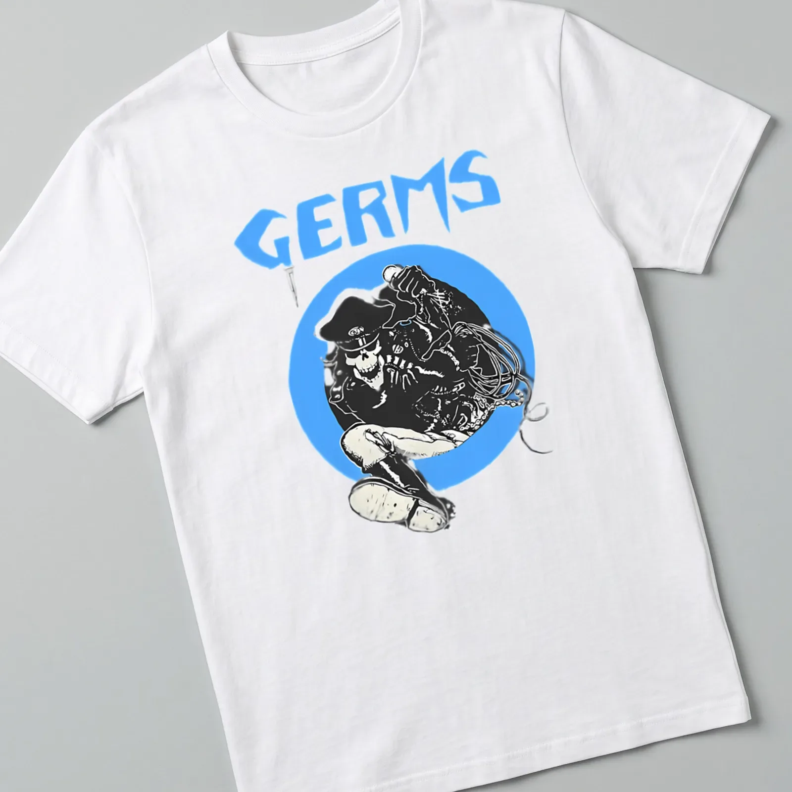 Bold graphic of a skull punk rocker with the word Germs in blue and white — printed on a unisex t-shirt