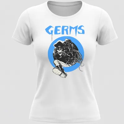 Bold graphic of a skull punk rocker with the word Germs in blue and white — printed on a women's shirt