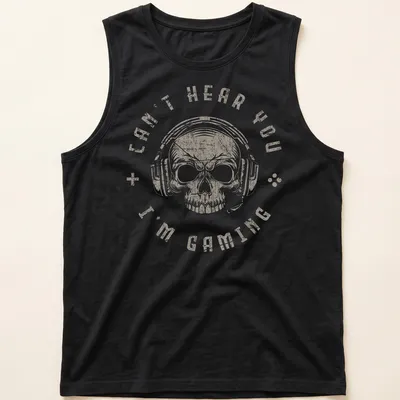Distressed vintage gaming t-shirt featuring a skull with a headset and the text 'Can't Hear You I'm Gaming' — printed on a tank top