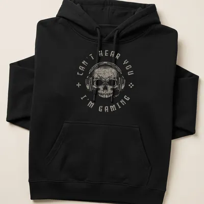 Distressed vintage gaming t-shirt featuring a skull with a headset and the text 'Can't Hear You I'm Gaming' — printed on a unisex hoodie