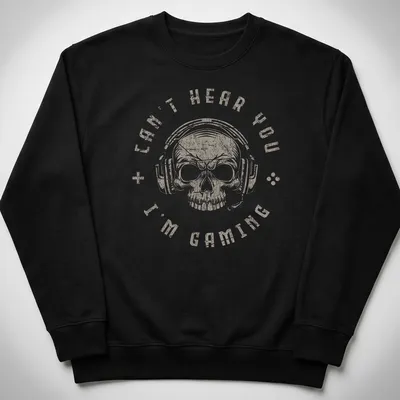 Distressed vintage gaming t-shirt featuring a skull with a headset and the text 'Can't Hear You I'm Gaming' — printed on a unisex sweatshirt