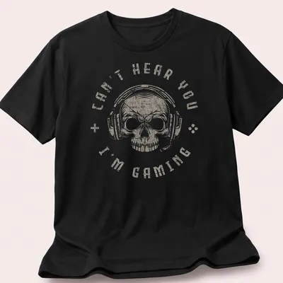Distressed vintage gaming t-shirt featuring a skull with a headset and the text 'Can't Hear You I'm Gaming'