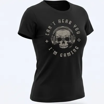 Distressed vintage gaming t-shirt featuring a skull with a headset and the text 'Can't Hear You I'm Gaming' — printed on a women's shirt