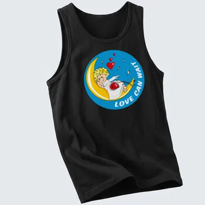 Cartoon of a sleeping Cupid on the moon with text Love Can Wait. — printed on a tank top