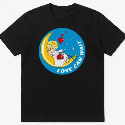 Cartoon of a sleeping Cupid on the moon with text Love Can Wait.