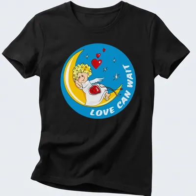Cartoon of a sleeping Cupid on the moon with text Love Can Wait. — printed on a women's shirt
