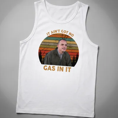 Retro distressed Sling Blade character t-shirt with text about gas — printed on a tank top
