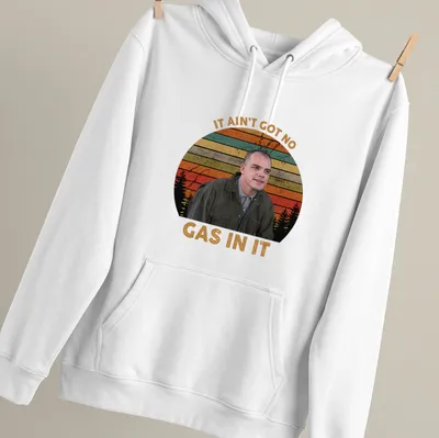Retro distressed Sling Blade character t-shirt with text about gas — printed on a unisex hoodie