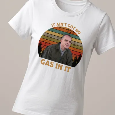 Retro distressed Sling Blade character t-shirt with text about gas — printed on a women's shirt