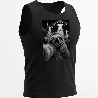 Surrealist illustration of a sloth taking a selfie with UFOs above text 'Sloth Selfie' — printed on a tank top