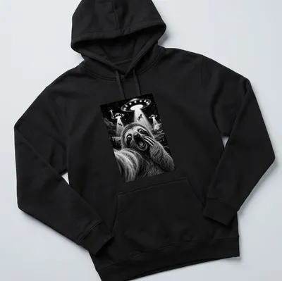 Surrealist illustration of a sloth taking a selfie with UFOs above text 'Sloth Selfie' — printed on a unisex hoodie