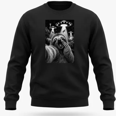 Surrealist illustration of a sloth taking a selfie with UFOs above text 'Sloth Selfie' — printed on a unisex sweatshirt