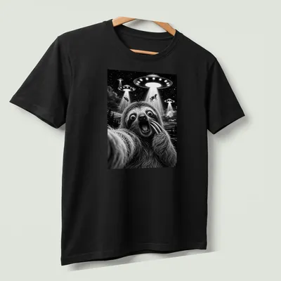 Surrealist illustration of a sloth taking a selfie with UFOs above text 'Sloth Selfie' — printed on a unisex t-shirt (angled view)