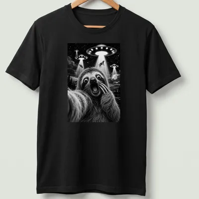 Surrealist illustration of a sloth taking a selfie with UFOs above text 'Sloth Selfie'