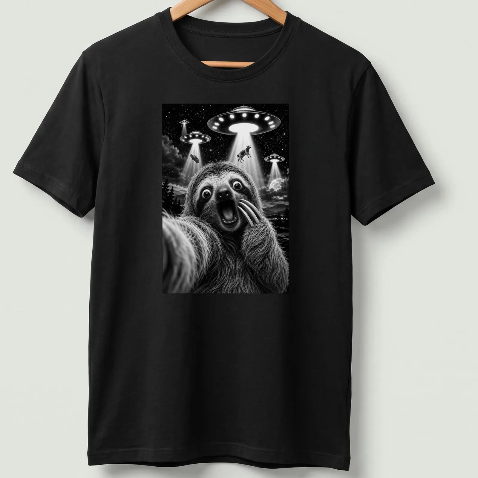 Surrealist illustration of a sloth taking a selfie with UFOs above text 'Sloth Selfie' — printed on a unisex t-shirt