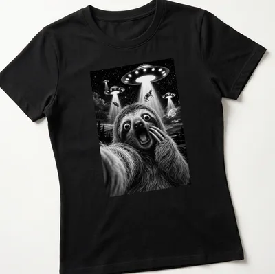 Surrealist illustration of a sloth taking a selfie with UFOs above text 'Sloth Selfie' — printed on a women's shirt