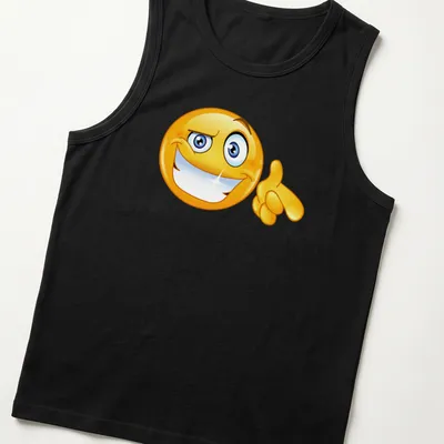 Cartoon-style smile emoji in bright yellow, blue, and white on a — printed on a tank top