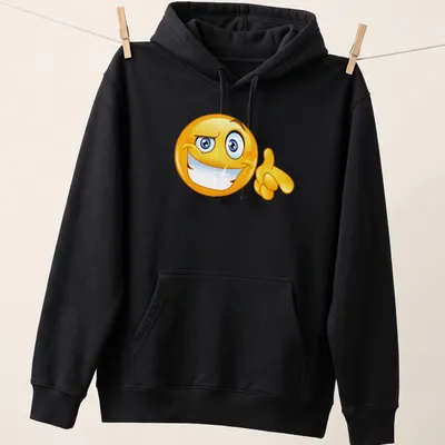 Cartoon-style smile emoji in bright yellow, blue, and white on a — printed on a unisex hoodie