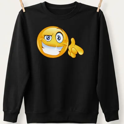 Cartoon-style smile emoji in bright yellow, blue, and white on a — printed on a unisex sweatshirt