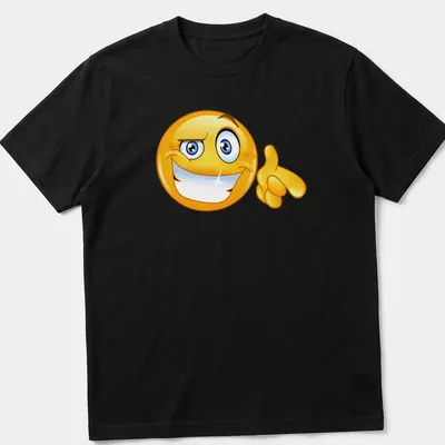 Cartoon-style smile emoji in bright yellow, blue, and white on a t-shirt