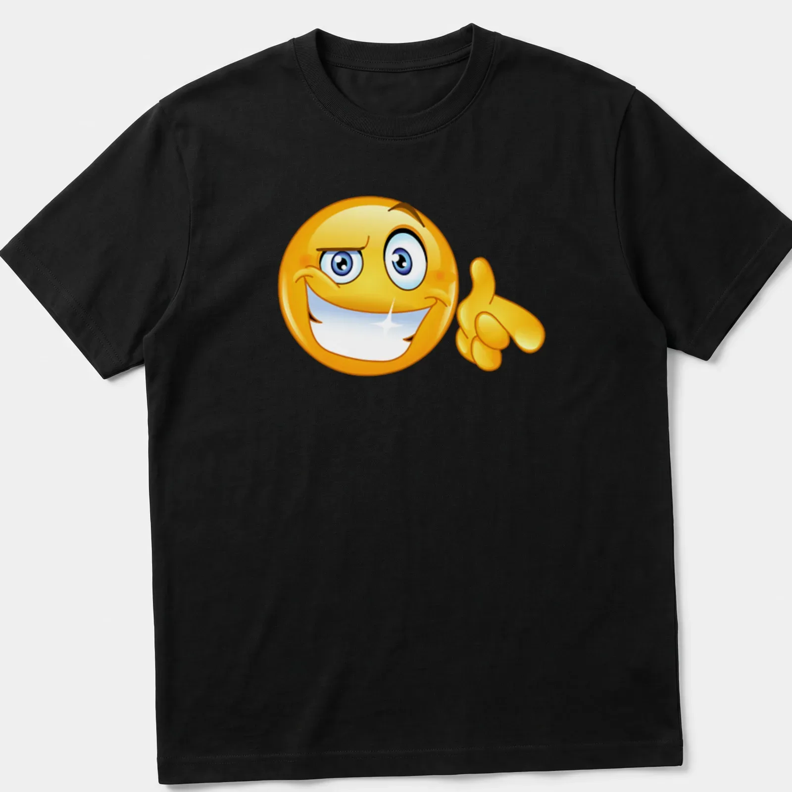 Cartoon-style smile emoji in bright yellow, blue, and white on a — printed on a unisex t-shirt
