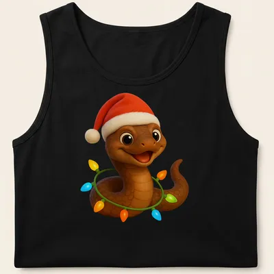 Cartoon snake with a Santa hat wrapped in colorful Christmas lights — printed on a tank top