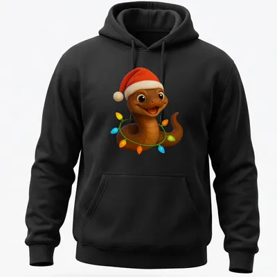 Cartoon snake with a Santa hat wrapped in colorful Christmas lights — printed on a unisex hoodie